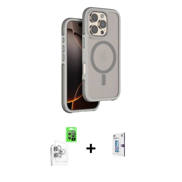 MARSİLYAN™- iPhone 16 Pro Kılıf Çekirdek Minimal Prime - Siyah Bilvis 0.18mm Plus Cam Ekran Koruyucu + Beyaz Raze Metal Kamera Lens