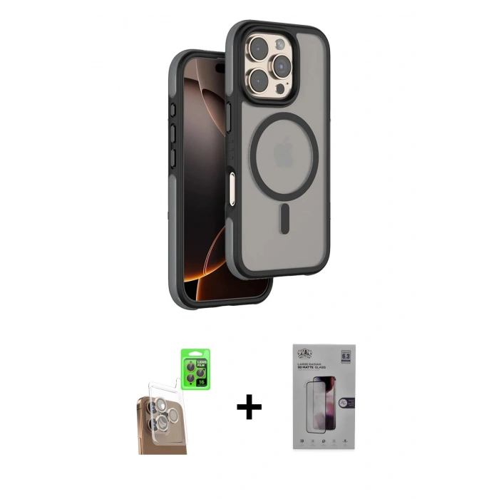 MARSİLYAN™- iPhone 16 Pro Kılıf Çekirdek Minimal Prime - Siyah Bilvis 3D Mat Cam Ekran Koruyucu + Raze Metal Kamera Lens - CLTM