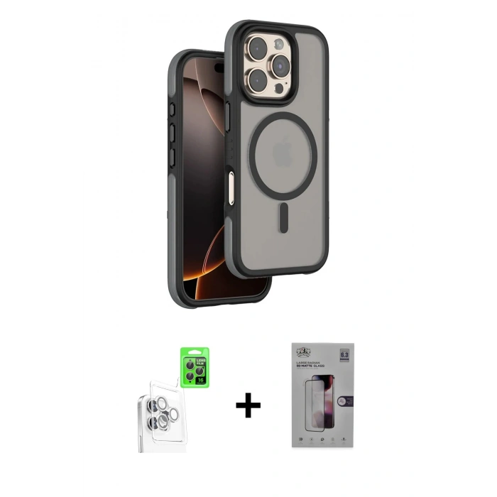 MARSİLYAN™- iPhone 16 Pro Kılıf Çekirdek Minimal Prime - Siyah Bilvis 3D Mat Cam Ekran Koruyucu + Raze Metal Kamera Lens - BZ