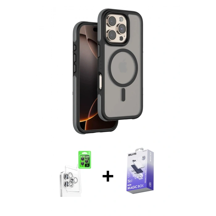 MARSİLYAN™- iPhone 16 Pro Kılıf Çekirdek Minimal Prime - Siyah Bilvis 5in1 5D Magic Hayalet Cam Ekran Koruyucu + Raze Metal Kamera Lens - BZ