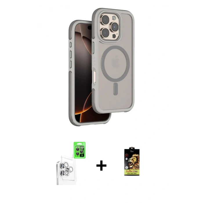 MARSİLYAN™- iPhone 16 Pro Kılıf Çekirdek Minimal Prime - Siyah Buffer Cam Ekran Koruyucu + Beyaz Raze Metal Kamera Lens