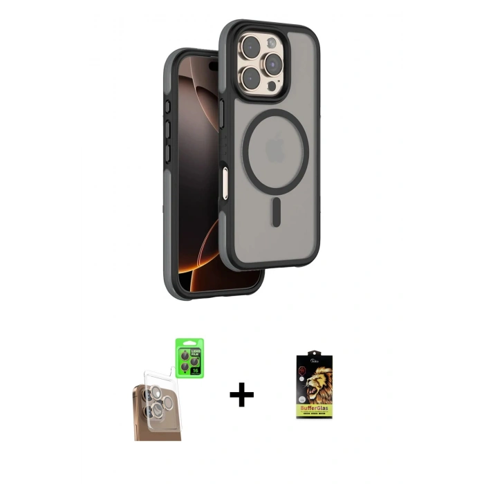 MARSİLYAN™- iPhone 16 Pro Kılıf Çekirdek Minimal Prime - Siyah Buffer Cam Ekran Koruyucu + Raze Metal Kamera Lens - CLTM