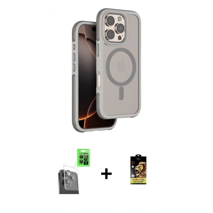 MARSİLYAN™- iPhone 16 Pro Kılıf Çekirdek Minimal Prime - Siyah Buffer Cam Ekran Koruyucu + Siyah Raze Metal Kamera Lens