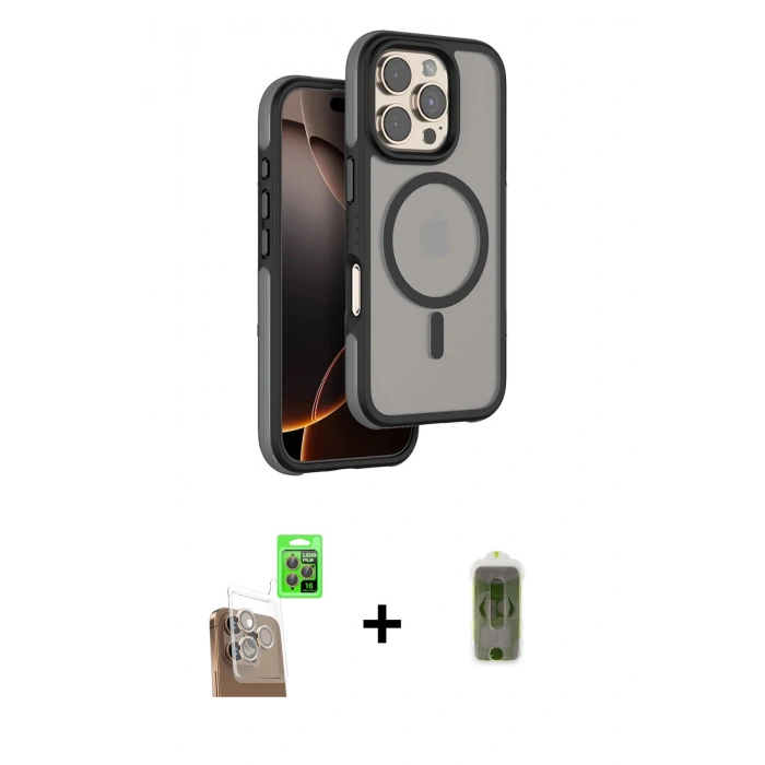 MARSİLYAN™- iPhone 16 Pro Kılıf Çekirdek Minimal Prime - Siyah Joko Magic 5D Hayalet Cam + Çöl Titanyum Raze Metal Kamera Lens