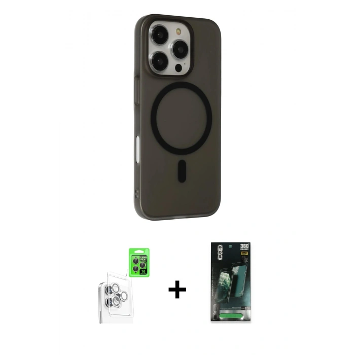 MARSİLYAN™- iPhone 16 Pro Kılıf Çekirdek Modern Prime - Siyah 360 Mat Full Body Arka Koruyucu + Raze Metal Kamera Lens - BZ
