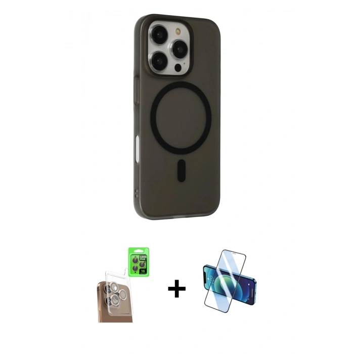 MARSİLYAN™- iPhone 16 Pro Kılıf Çekirdek Modern Prime - Siyah 3D Antistatik Cam Ekran Koruyucu + Raze Metal Kamera Lens - CLTM