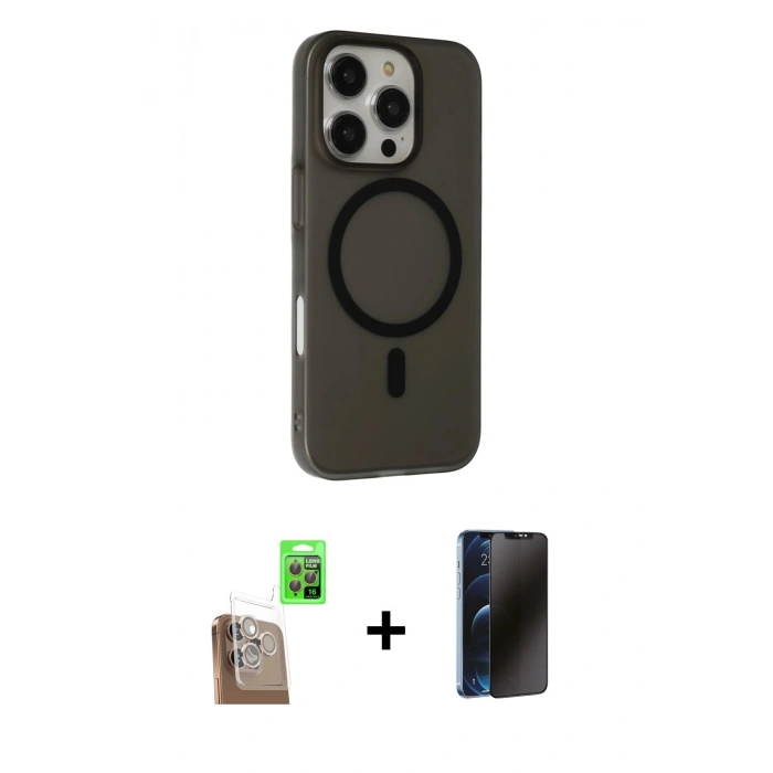 MARSİLYAN™- iPhone 16 Pro Kılıf Çekirdek Modern Prime - Siyah 3D Antistatik Hayalet Cam Ekran Koruyucu + Çöl Titanyum Raze Metal Kamera Lens