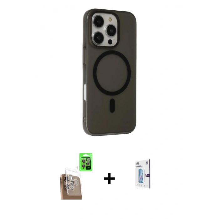 MARSİLYAN™- iPhone 16 Pro Kılıf Çekirdek Modern Prime - Siyah Bilvis 0.18mm Plus Cam Ekran Koruyucu + Çöl Titanyum Raze Metal Kamera Lens