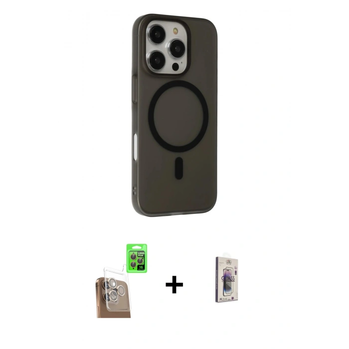 MARSİLYAN™- iPhone 16 Pro Kılıf Çekirdek Modern Prime - Siyah Bilvis 3D Cam Ekran Koruyucu + Çöl Titanyum Raze Metal Kamera Lens