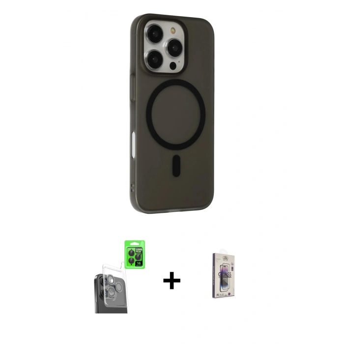 MARSİLYAN™- iPhone 16 Pro Kılıf Çekirdek Modern Prime - Siyah Bilvis 3D Cam Ekran Koruyucu + Raze Metal Kamera Lens - SH