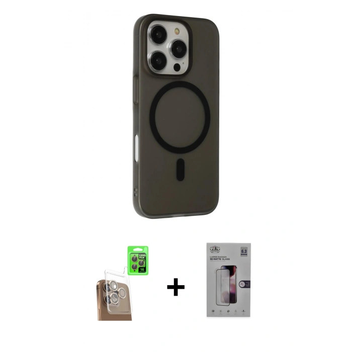 MARSİLYAN™- iPhone 16 Pro Kılıf Çekirdek Modern Prime - Siyah Bilvis 3D Mat Cam Ekran Koruyucu + Raze Metal Kamera Lens - CLTM