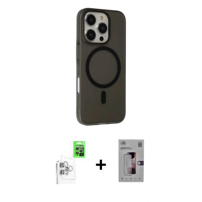 MARSİLYAN™- iPhone 16 Pro Kılıf Çekirdek Modern Prime - Siyah Bilvis 3D Mat Cam Ekran Koruyucu + Raze Metal Kamera Lens - BZ