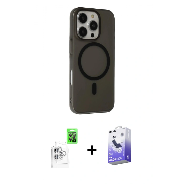 MARSİLYAN™- iPhone 16 Pro Kılıf Çekirdek Modern Prime - Siyah Bilvis 5in1 5D Magic Hayalet Cam Ekran Koruyucu + Beyaz Raze Metal Kamera Lens
