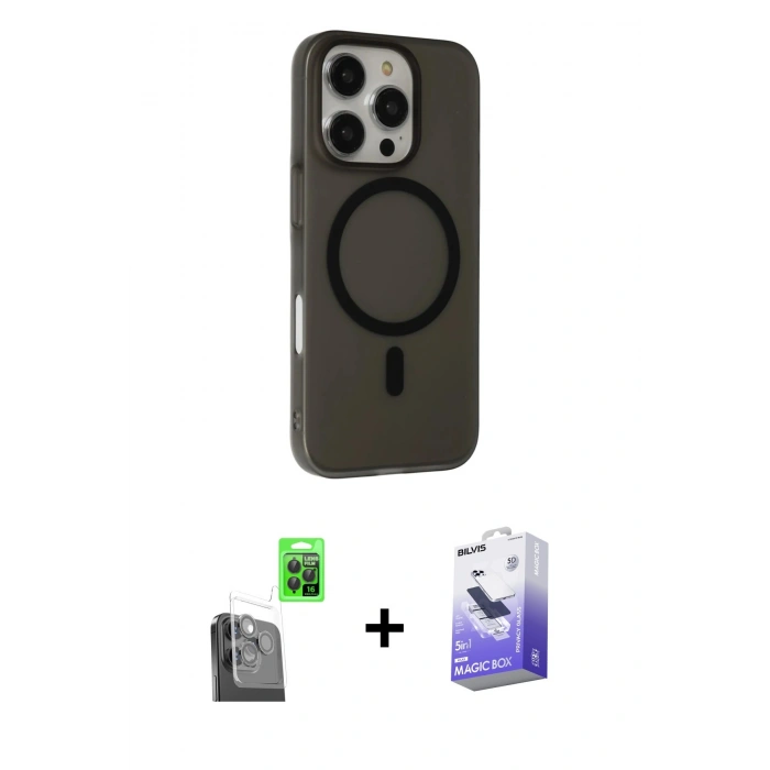 MARSİLYAN™- iPhone 16 Pro Kılıf Çekirdek Modern Prime - Siyah Bilvis 5in1 5D Magic Hayalet Cam Ekran Koruyucu + Raze Metal Kamera Lens - SH