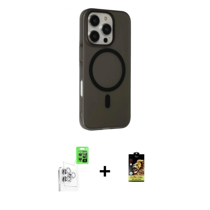 MARSİLYAN™- iPhone 16 Pro Kılıf Çekirdek Modern Prime - Siyah Buffer Cam Ekran Koruyucu + Raze Metal Kamera Lens - BZ