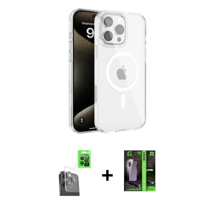 MARSİLYAN™- iPhone 16 Pro Kılıf Doruk Doku Özel Seri - Şeffaf 360 Full Body Arka Koruyucu + Raze Metal Kamera Lens - SH