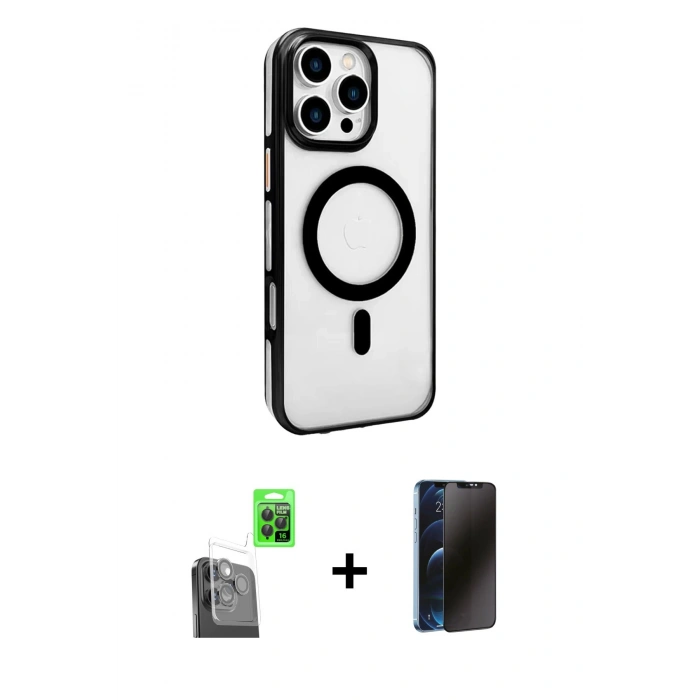 MARSİLYAN™- iPhone 16 Pro Kılıf Doruk Doku Özel Seri - Siyah 3D Antistatik Hayalet Cam Ekran Koruyucu + Raze Metal Kamera Lens - SH