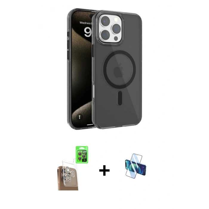 MARSİLYAN™- iPhone 16 Pro Kılıf Doruk Doku Özel Seri - Siyah 3D Antistatik Seramik Nano Ekran Koruyucu + Raze Metal Kamera Lens - CLTM