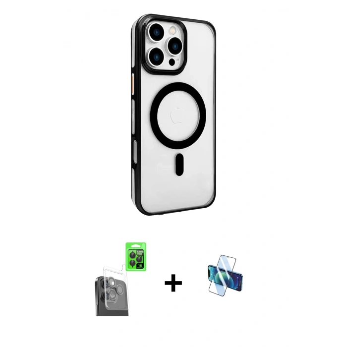 MARSİLYAN™- iPhone 16 Pro Kılıf Doruk Doku Özel Seri - Siyah 3D Antistatik Seramik Nano Ekran Koruyucu + Raze Metal Kamera Lens - SH