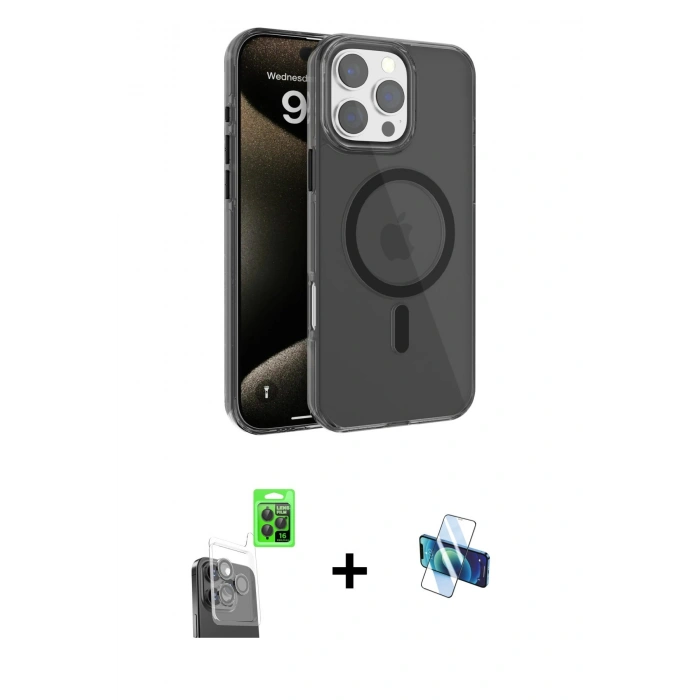 MARSİLYAN™- iPhone 16 Pro Kılıf Doruk Doku Özel Seri - Siyah 3D Antistatik Seramik Nano Ekran Koruyucu + Raze Metal Kamera Lens - SH