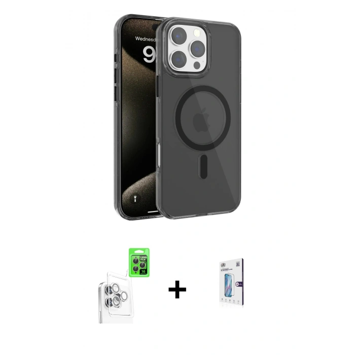 MARSİLYAN™- iPhone 16 Pro Kılıf Doruk Doku Özel Seri - Siyah Bilvis 0.18mm Plus Cam Ekran Koruyucu + Raze Metal Kamera Lens - BZ