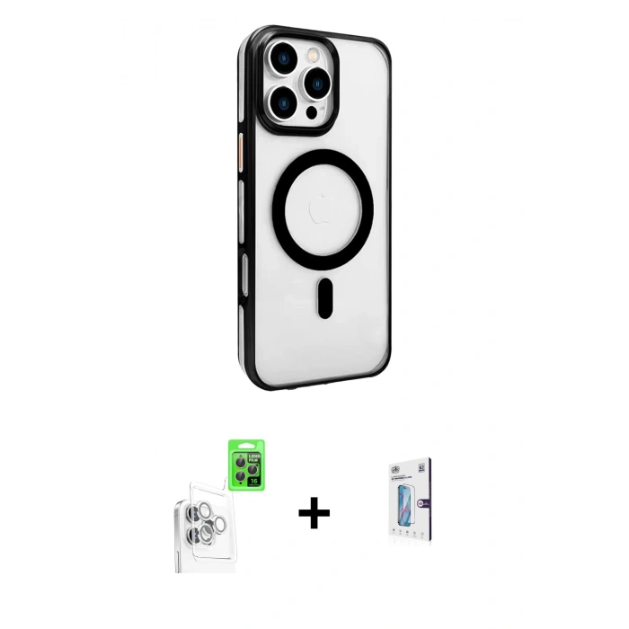 MARSİLYAN™- iPhone 16 Pro Kılıf Doruk Doku Özel Seri - Siyah Bilvis 0.18mm Plus Cam Ekran Koruyucu + Raze Metal Kamera Lens - BZ