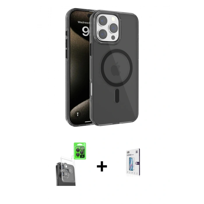 MARSİLYAN™- iPhone 16 Pro Kılıf Doruk Doku Özel Seri - Siyah Bilvis 0.18mm Plus Cam Ekran Koruyucu + Raze Metal Kamera Lens - SH