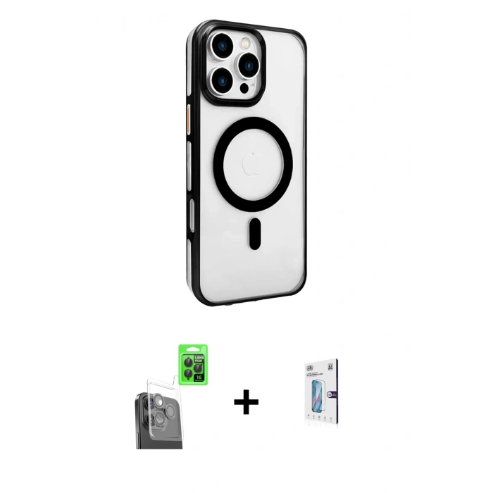MARSİLYAN™- iPhone 16 Pro Kılıf Doruk Doku Özel Seri - Siyah Bilvis 0.18mm Plus Cam Ekran Koruyucu + Raze Metal Kamera Lens - SH