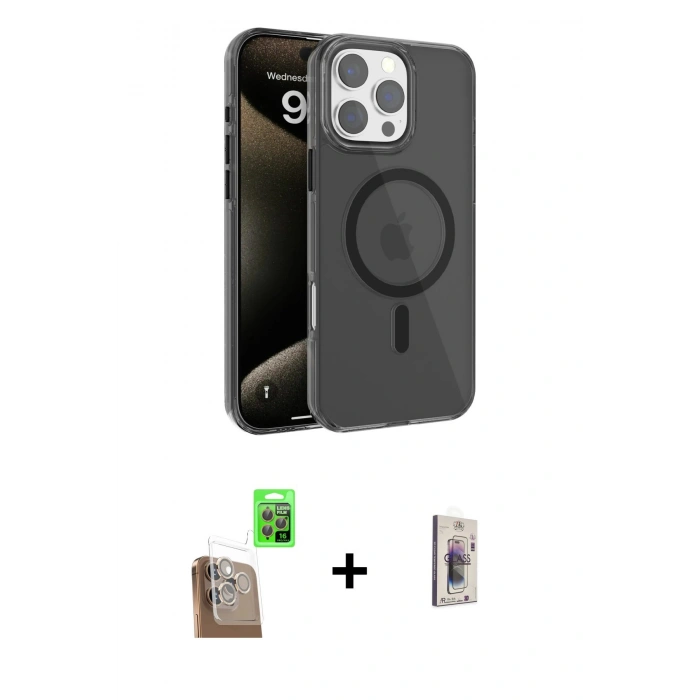MARSİLYAN™- iPhone 16 Pro Kılıf Doruk Doku Özel Seri - Siyah Bilvis 3D Cam Ekran Koruyucu + Raze Metal Kamera Lens - CLTM