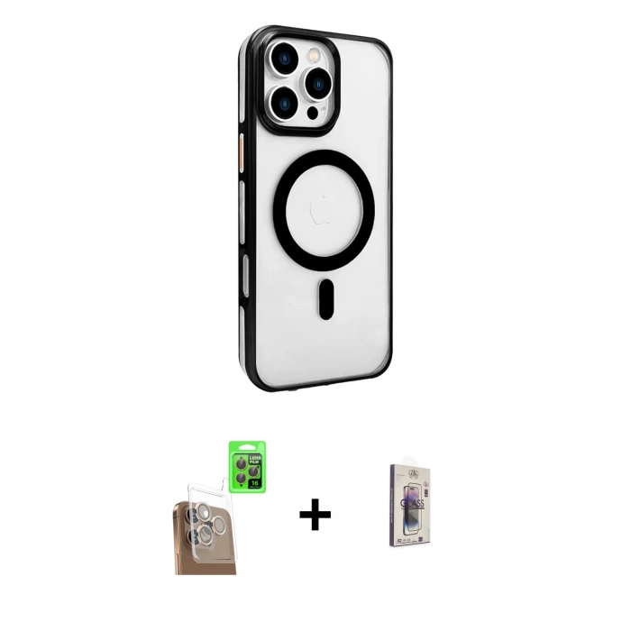 MARSİLYAN™- iPhone 16 Pro Kılıf Doruk Doku Özel Seri - Siyah Bilvis 3D Cam Ekran Koruyucu + Raze Metal Kamera Lens - CLTM