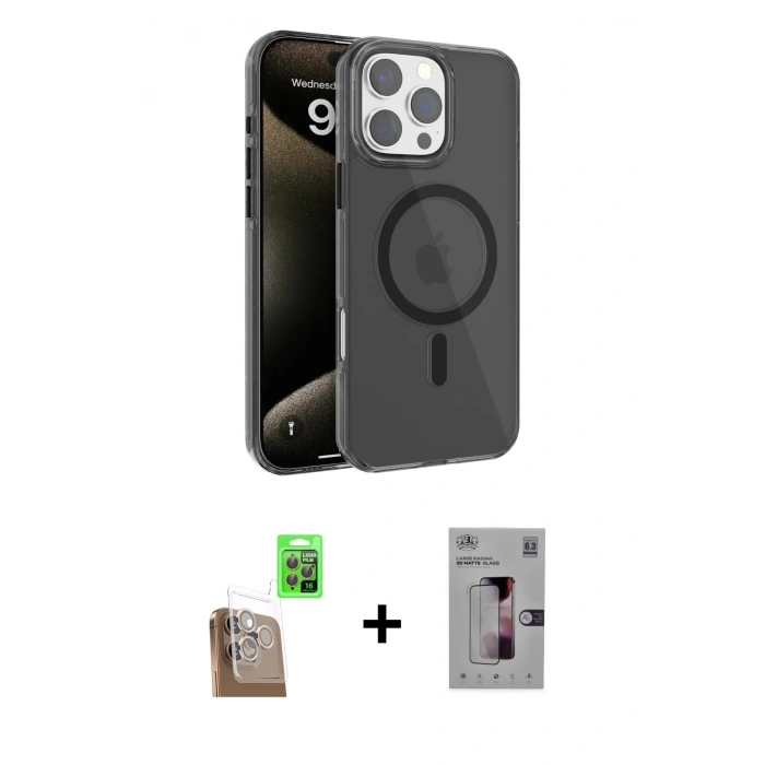 MARSİLYAN™- iPhone 16 Pro Kılıf Doruk Doku Özel Seri - Siyah Bilvis 3D Mat Cam Ekran Koruyucu + Raze Metal Kamera Lens - CLTM
