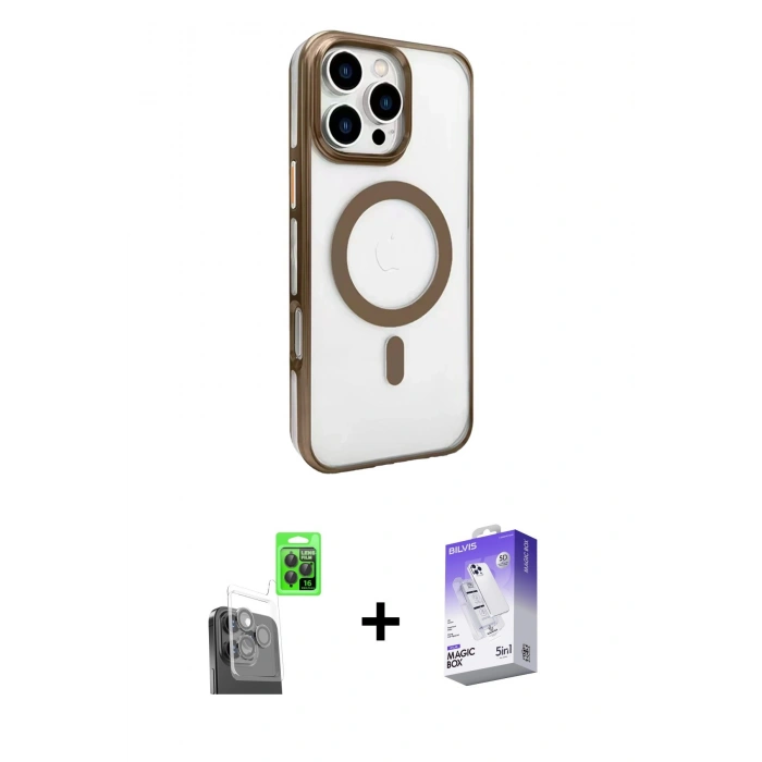 MARSİLYAN™- iPhone 16 Pro Kılıf Doruk Doku Özel Seri - Siyah Bilvis 5in1 3D Magic Cam Ekran Koruyucu + Raze Metal Kamera Lens - SH