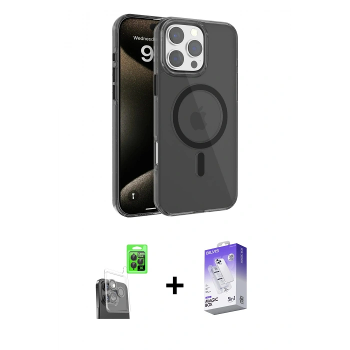 MARSİLYAN™- iPhone 16 Pro Kılıf Doruk Doku Özel Seri - Siyah Bilvis 5in1 3D Magic Cam Ekran Koruyucu + Raze Metal Kamera Lens - SH