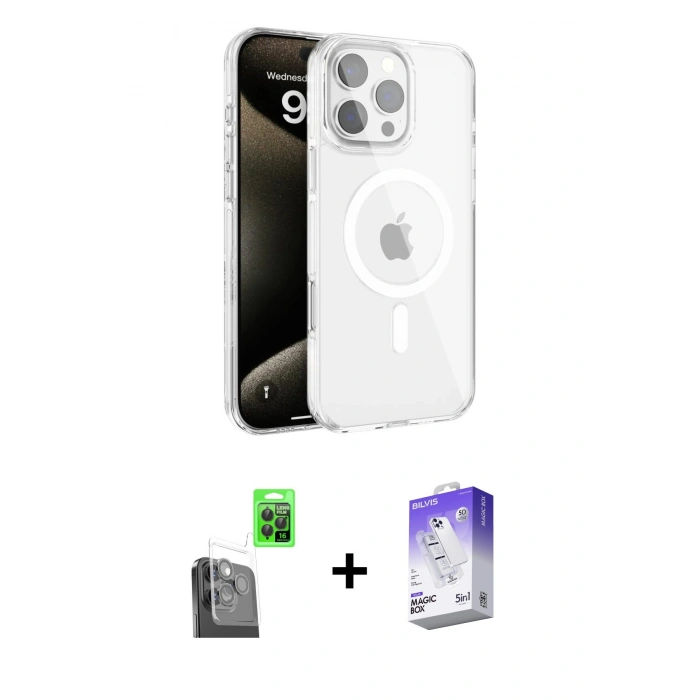 MARSİLYAN™- iPhone 16 Pro Kılıf Doruk Doku Özel Seri - Siyah Bilvis 5in1 3D Magic Cam Ekran Koruyucu + Raze Metal Kamera Lens - SH