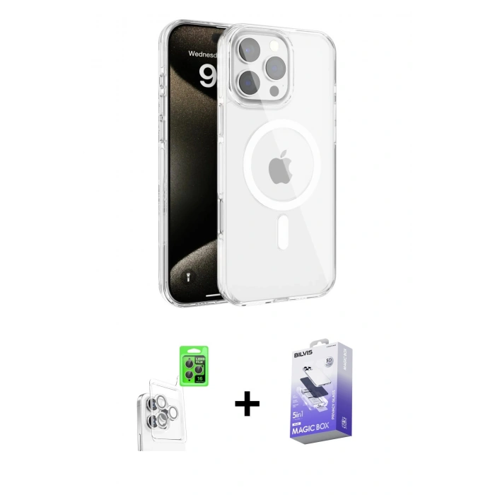 MARSİLYAN™- iPhone 16 Pro Kılıf Doruk Doku Özel Seri - Siyah Bilvis 5in1 5D Magic Hayalet Cam Ekran Koruyucu + Raze Metal Kamera Lens - BZ