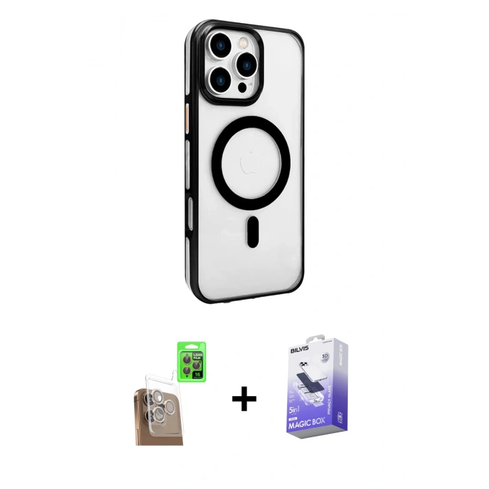 MARSİLYAN™- iPhone 16 Pro Kılıf Doruk Doku Özel Seri - Siyah Bilvis 5in1 5D Magic Hayalet Cam Ekran Koruyucu + Raze Metal Kamera Lens - CLTM