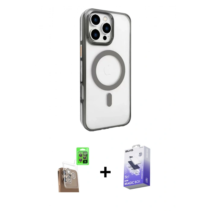 MARSİLYAN™- iPhone 16 Pro Kılıf Doruk Doku Özel Seri - Siyah Bilvis 5in1 5D Magic Hayalet Cam Ekran Koruyucu + Raze Metal Kamera Lens - CLTM