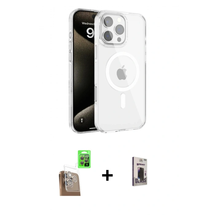 MARSİLYAN™- iPhone 16 Pro Kılıf Doruk Doku Özel Seri - Siyah Bilvis Hayalet Cam Ekran Koruyucu + Raze Metal Kamera Lens - CLTM