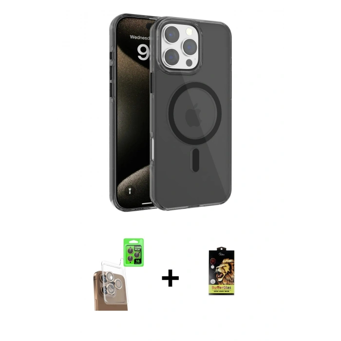 MARSİLYAN™- iPhone 16 Pro Kılıf Doruk Doku Özel Seri - Siyah Buffer Cam Ekran Koruyucu + Raze Metal Kamera Lens - CLTM