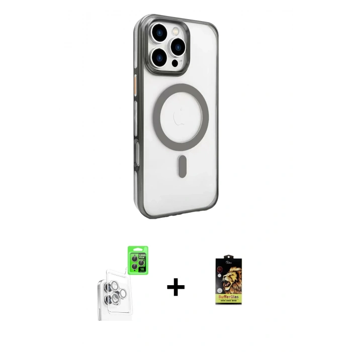 MARSİLYAN™- iPhone 16 Pro Kılıf Doruk Doku Özel Seri - Siyah Buffer Cam Ekran Koruyucu + Raze Metal Kamera Lens - BZ