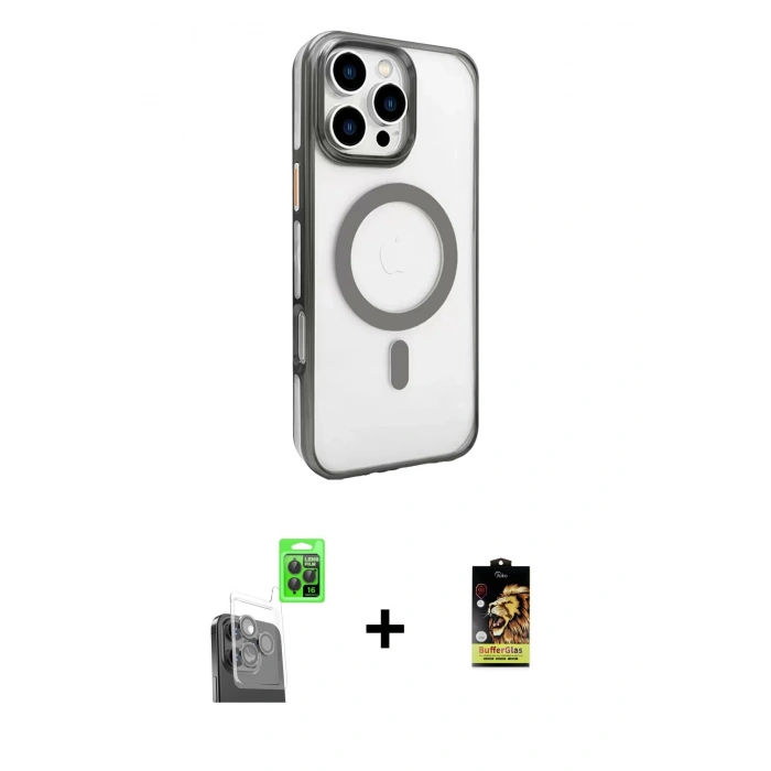 MARSİLYAN™- iPhone 16 Pro Kılıf Doruk Doku Özel Seri - Siyah Buffer Cam Ekran Koruyucu + Raze Metal Kamera Lens - SH