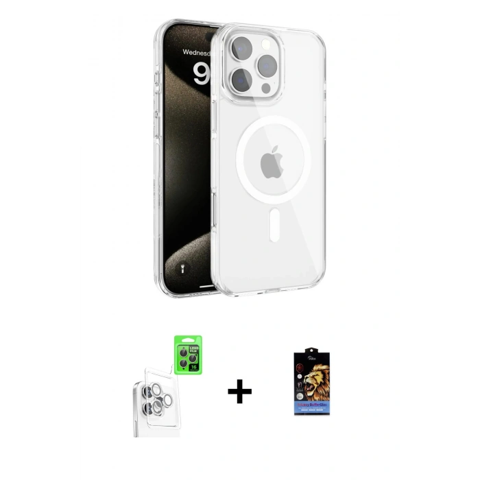 MARSİLYAN™- iPhone 16 Pro Kılıf Doruk Doku Özel Seri - Siyah Buffer Hayalet Cam Ekran Koruyucu + Beyaz Raze Metal Kamera Lens