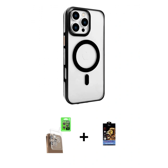 MARSİLYAN™- iPhone 16 Pro Kılıf Doruk Doku Özel Seri - Siyah Buffer Hayalet Cam Ekran Koruyucu + Çöl Titanyum Raze Metal Kamera Lens