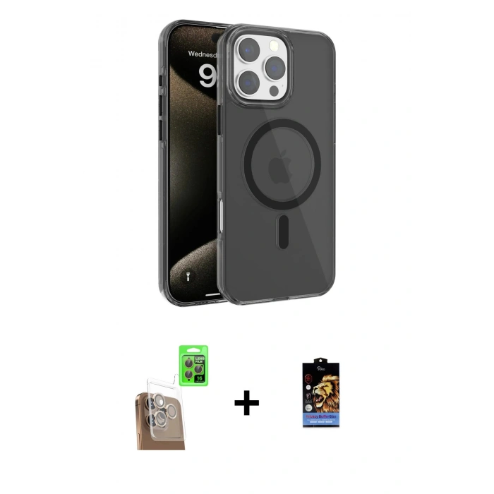 MARSİLYAN™- iPhone 16 Pro Kılıf Doruk Doku Özel Seri - Siyah Buffer Hayalet Cam Ekran Koruyucu + Çöl Titanyum Raze Metal Kamera Lens