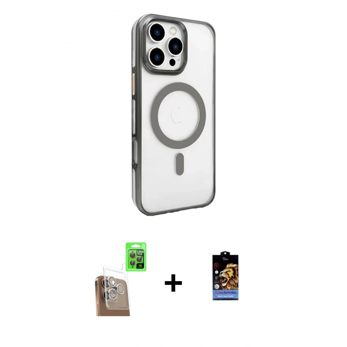 MARSİLYAN™- iPhone 16 Pro Kılıf Doruk Doku Özel Seri - Siyah Buffer Hayalet Cam Ekran Koruyucu + Çöl Titanyum Raze Metal Kamera Lens