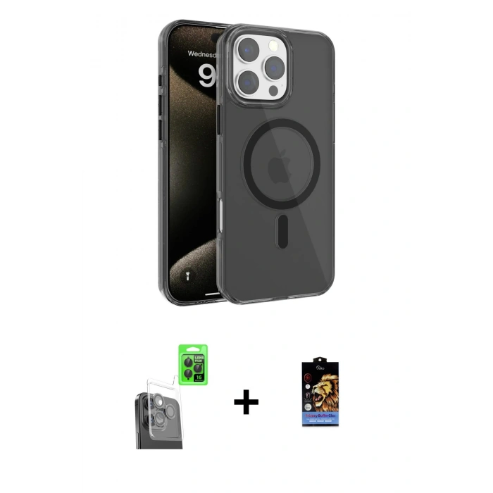 MARSİLYAN™- iPhone 16 Pro Kılıf Doruk Doku Özel Seri - Siyah Buffer Hayalet Cam Ekran Koruyucu + Raze Metal Kamera Lens - SH