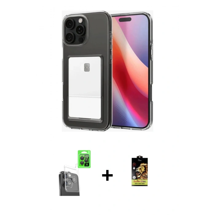 MARSİLYAN™- iPhone 16 Pro Kılıf Doruk Klasik Koleksiyonu - Siyah Buffer Cam Ekran Koruyucu + Siyah Raze Metal Kamera Lens