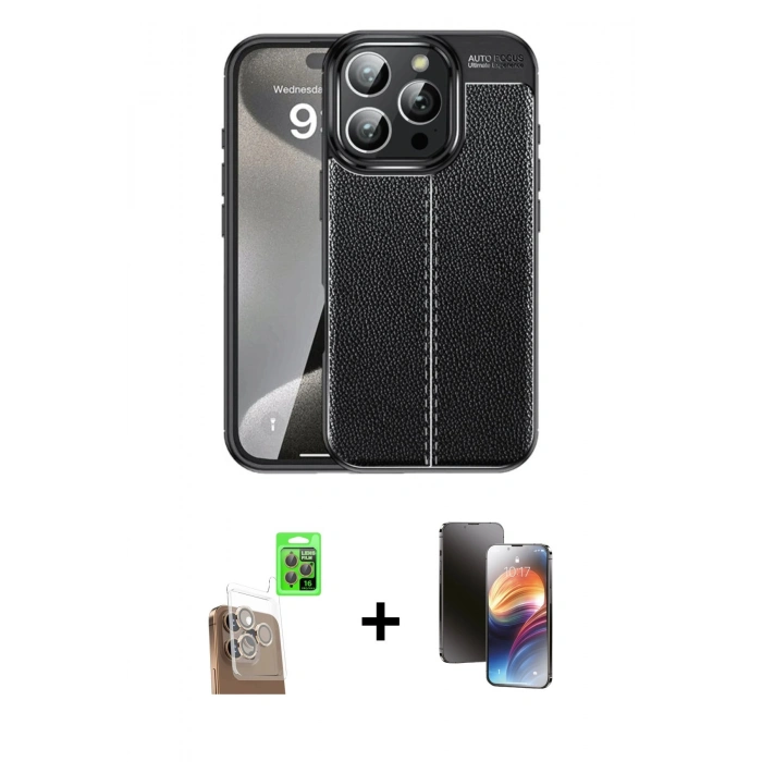 MARSİLYAN™- iPhone 16 Pro Kılıf Doruk Klasik Özel Seri - Siyah 3D Antistatik Mat Seramik Nano Ekran Koruyucu + Raze Metal Kamera Lens - CLTM