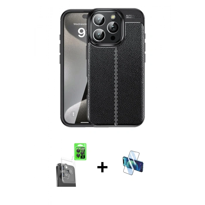 MARSİLYAN™- iPhone 16 Pro Kılıf Doruk Klasik Özel Seri - Siyah 3D Antistatik Seramik Nano Ekran Koruyucu + Raze Metal Kamera Lens - SH