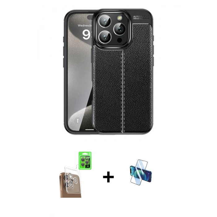 MARSİLYAN™- iPhone 16 Pro Kılıf Doruk Klasik Özel Seri - Siyah 3D Antistatik Seramik Nano Ekran Koruyucu + Raze Metal Kamera Lens - CLTM